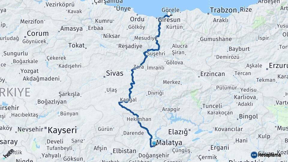 Malatya Espiye Giresun Arası Kaç Km - Yol Haritası