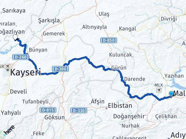 Malatya Felahiye Kayseri Arası Kaç Km - Yol Haritası