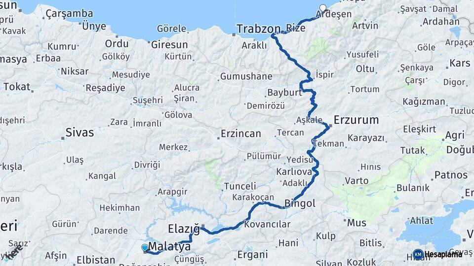 Malatya Fındıklı Rize Arası Kaç Km - Yol Haritası