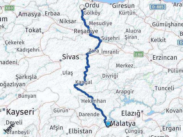 Malatya Gürgentepe Ordu Arası Kaç Km - Yol Haritası