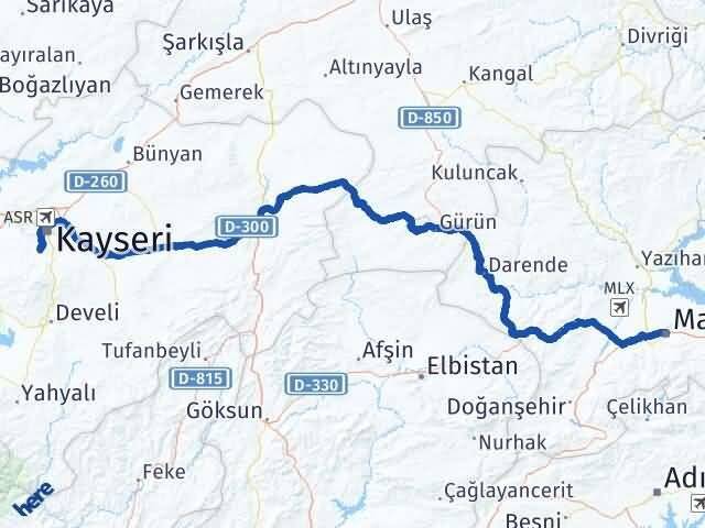 Malatya Hacılar Kayseri Arası Kaç Km - Yol Haritası