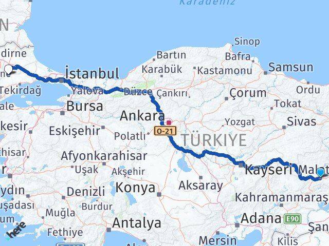 Malatya Hayrabolu Tekirdağ Arası Kaç Km - Yol Haritası