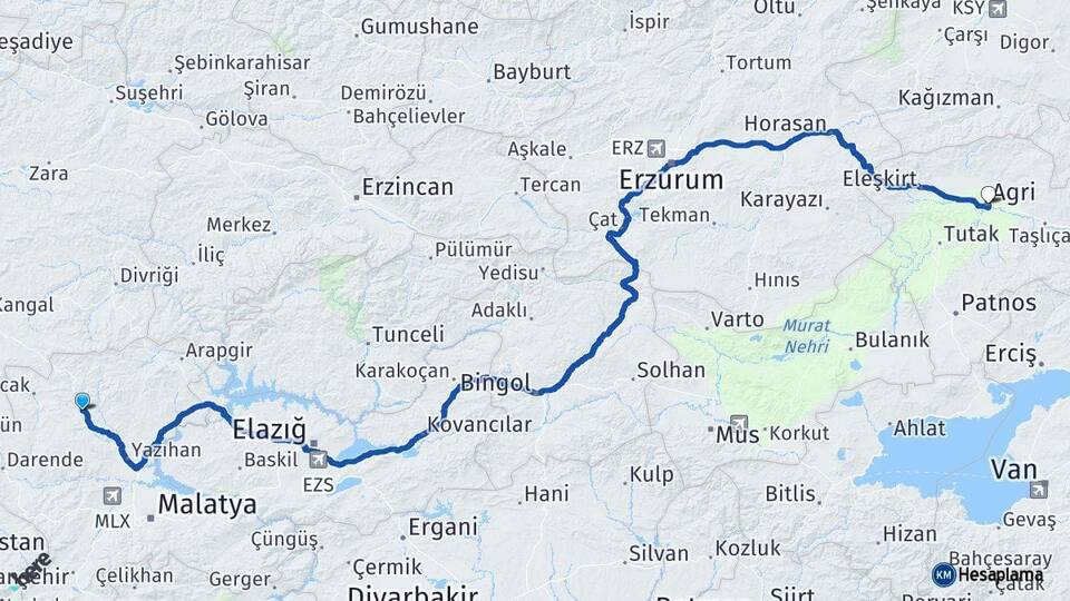Malatya Hekimhan Ağrı Arası Kaç Km - Yol Haritası