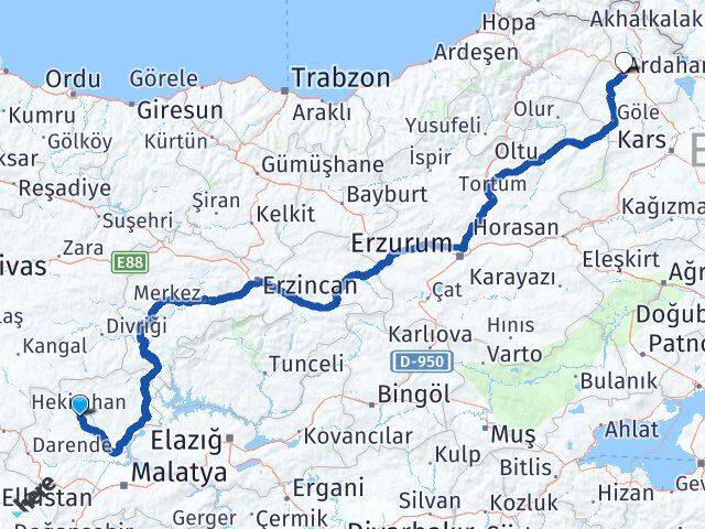 Malatya Hekimhan Ardahan Arası Kaç Km - Yol Haritası