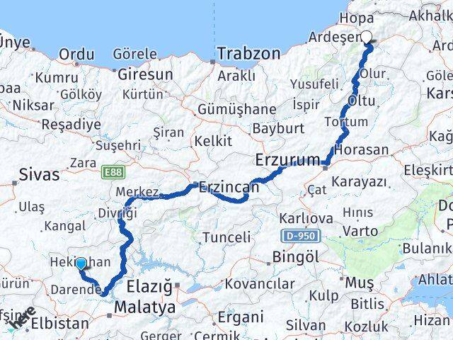 Malatya Hekimhan Artvin Arası Kaç Km - Yol Haritası