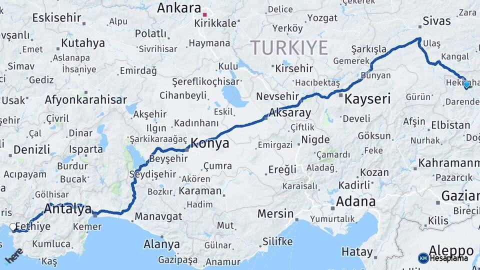 Malatya Hekimhan Fethiye Muğla Arası Kaç Km - Yol Haritası