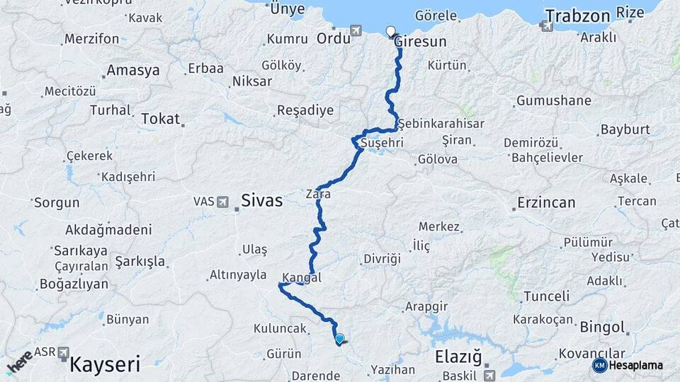Malatya Hekimhan Giresun Arası Kaç Km - Yol Haritası