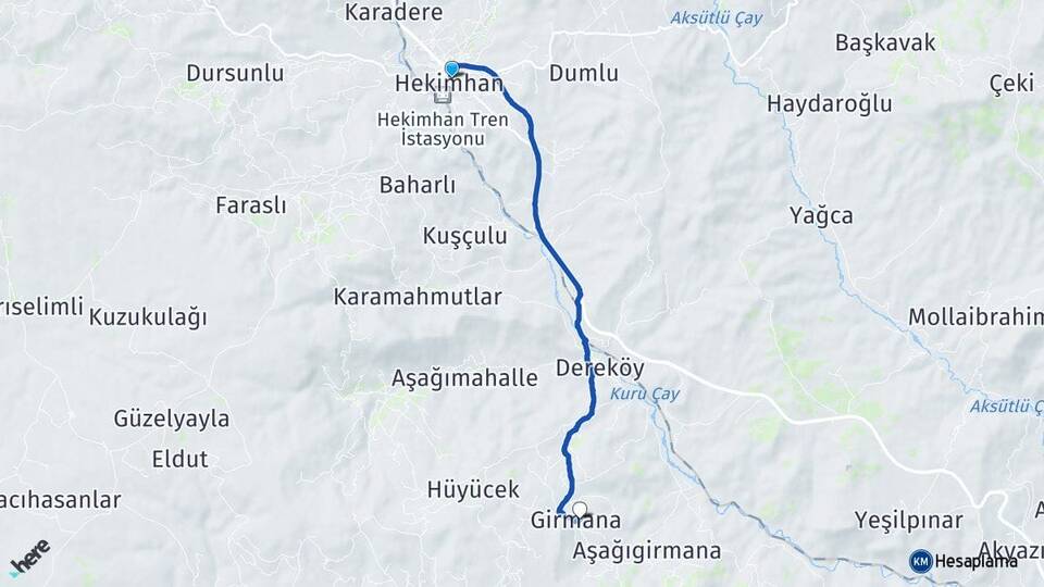 Malatya Hekimhan Girmana Hekimhan Arası Kaç Km - Yol Haritası