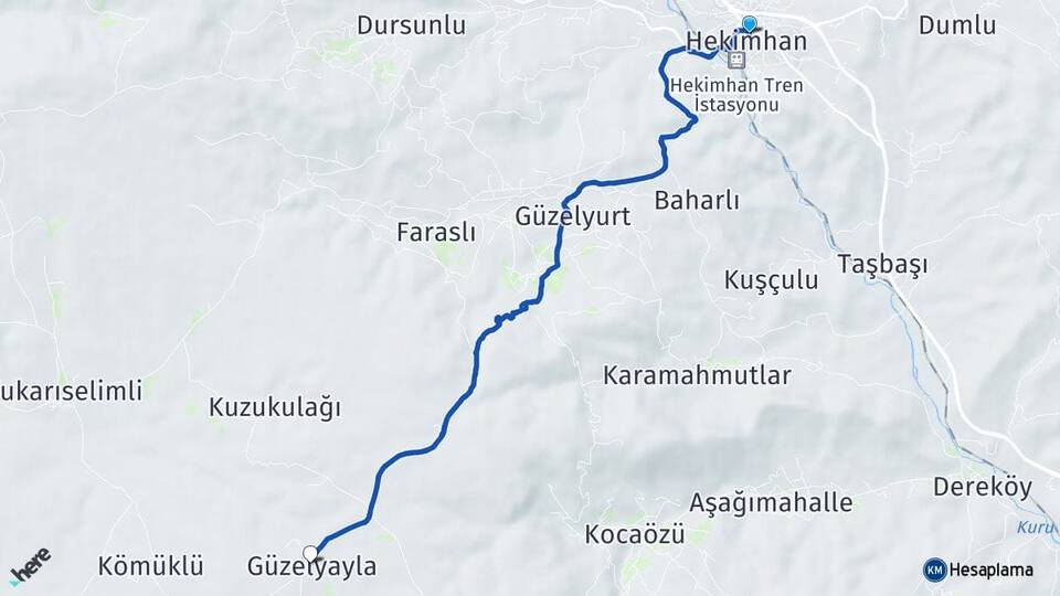 Malatya Hekimhan Güzelyayla Hekimhan Arası Kaç Km - Yol Haritası
