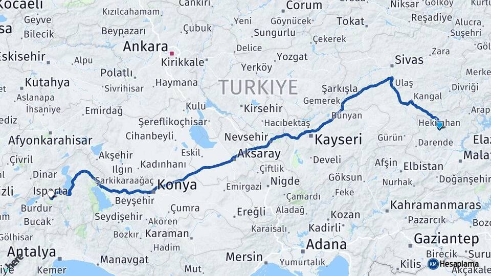Malatya Hekimhan Isparta Arası Kaç Km - Yol Haritası
