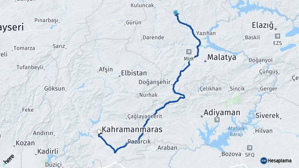 Malatya Hekimhan Kahramanmaraş Arası Kaç Km - Yol Haritası