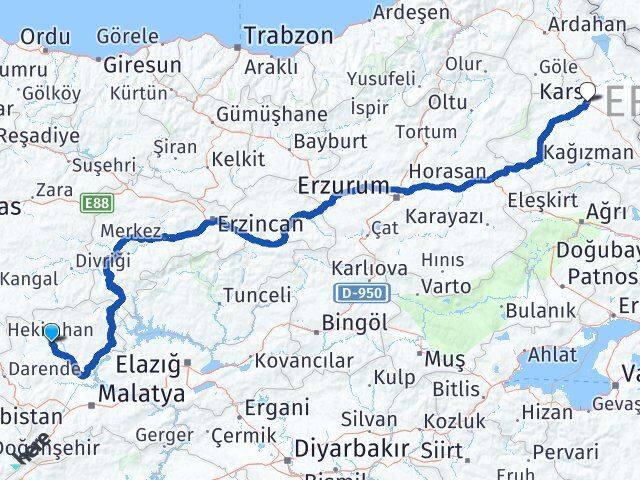 Malatya Hekimhan Kars Arası Kaç Km - Yol Haritası