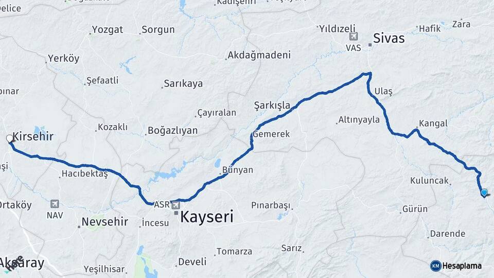 Malatya Hekimhan Kırşehir Arası Kaç Km - Yol Haritası