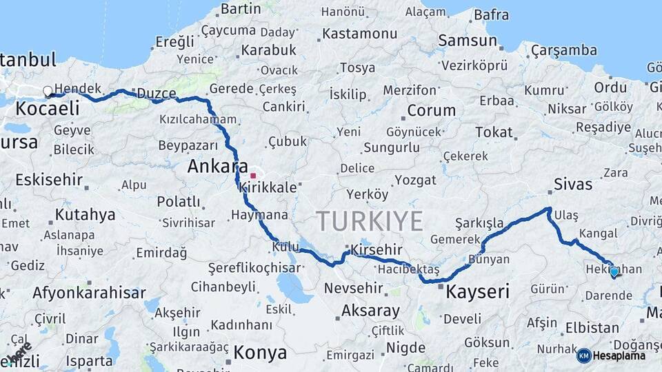 Malatya Hekimhan Kocaeli Arası Kaç Km - Yol Haritası