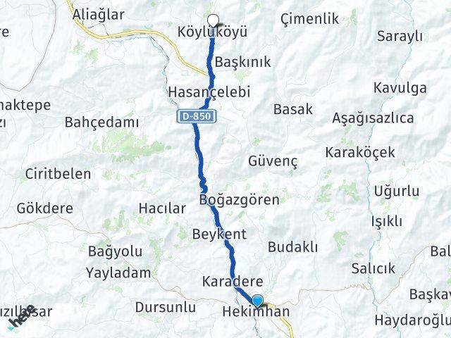 Malatya Hekimhan Köylüköyü Hekimhan Arası Kaç Km - Yol Haritası