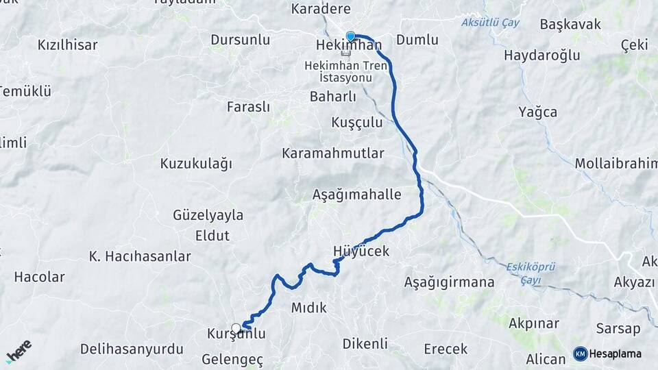 Malatya Hekimhan Kurşunlu Hekimhan Arası Kaç Km - Yol Haritası