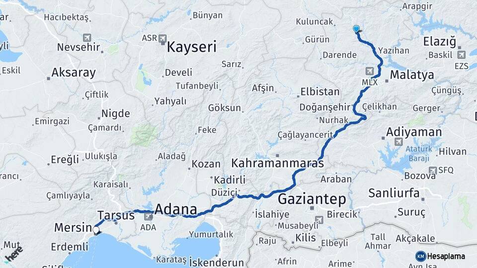 Malatya Hekimhan Mersin Arası Kaç Km - Yol Haritası