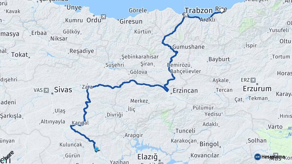 Malatya Hekimhan Rize Arası Kaç Km - Yol Haritası