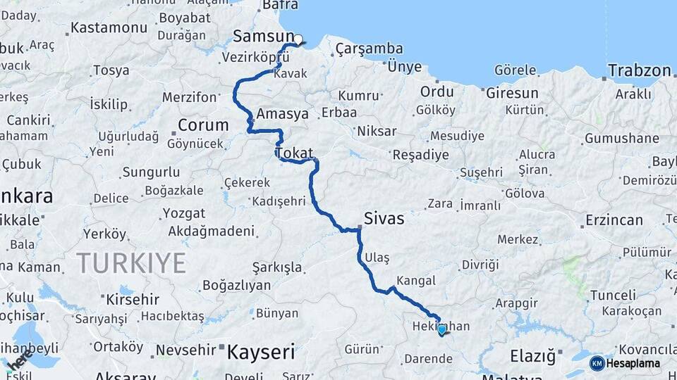 Malatya Hekimhan Samsun Arası Kaç Km - Yol Haritası