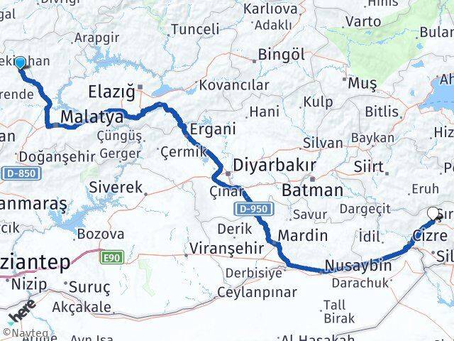 Malatya Hekimhan Şırnak Arası Kaç Km - Yol Haritası