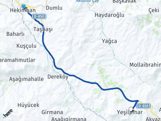 Malatya Hekimhan Yeşilpınar Hekimhan Arası Kaç Km - Yol Haritası