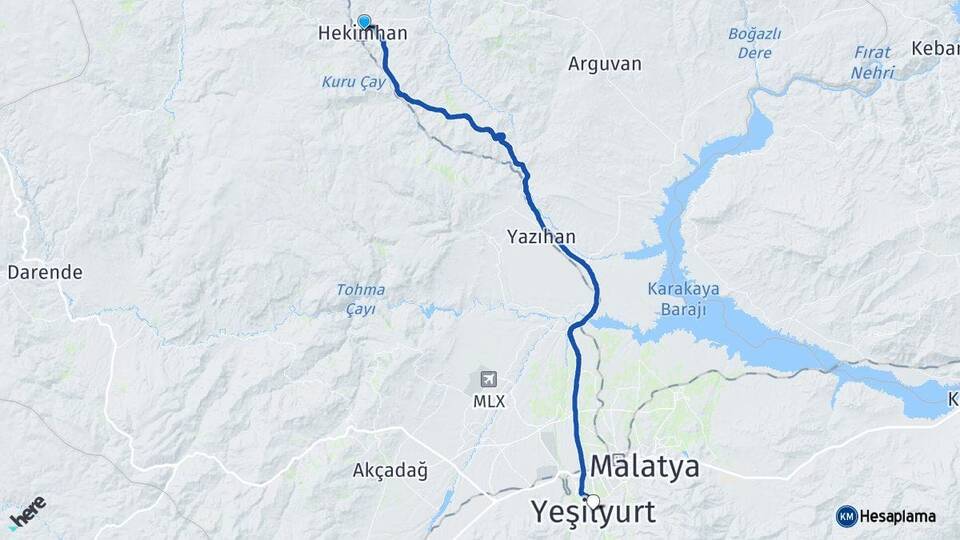 Malatya Hekimhan Yeşilyurt Arası Kaç Km - Yol Haritası