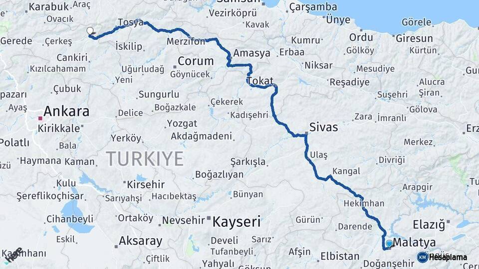 Malatya Ilgaz Çankırı Arası Kaç Km - Yol Haritası