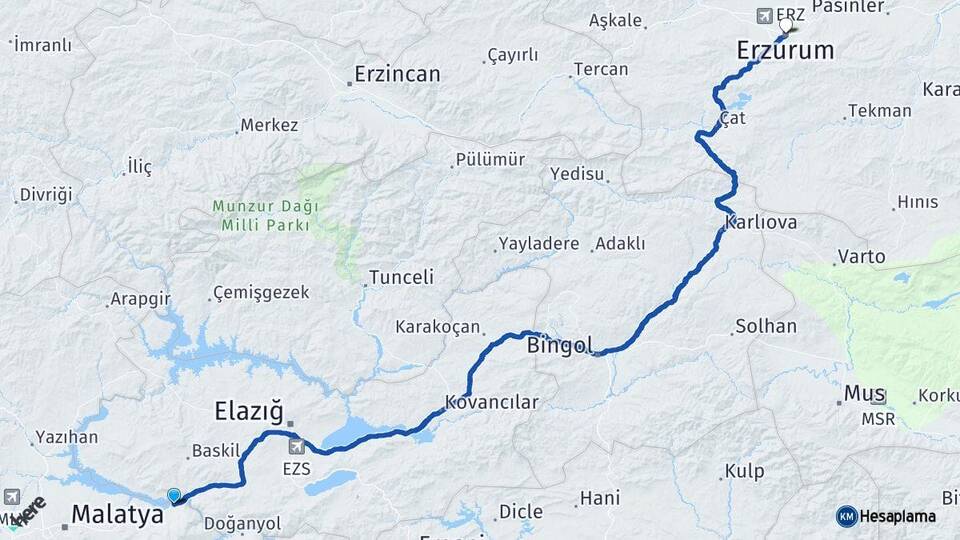 Malatya Kale Erzurum Arası Kaç Km - Yol Haritası
