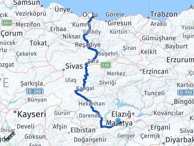 Malatya Kale Ordu Arası Kaç Km - Yol Haritası
