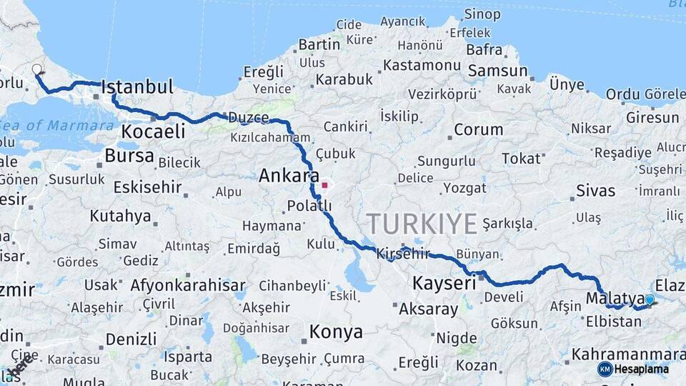 Malatya Kapaklı Tekirdağ Arası Kaç Km - Yol Haritası