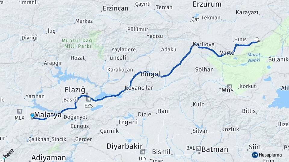 Malatya Karaçoban Erzurum Arası Kaç Km - Yol Haritası