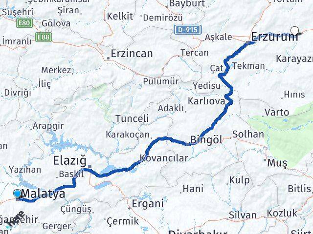 Malatya Köprüköy Erzurum Arası Kaç Km - Yol Haritası