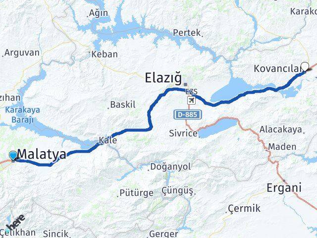 Malatya Kovancılar Elazığ Arası Kaç Km - Yol Haritası