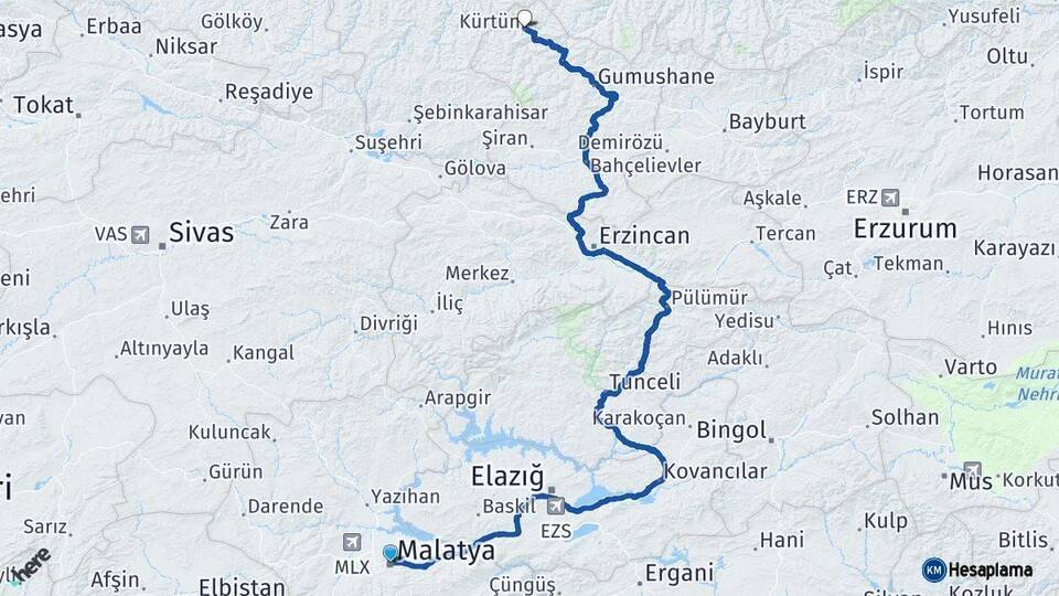 Malatya Kürtün Gümüşhane Arası Kaç Km - Yol Haritası