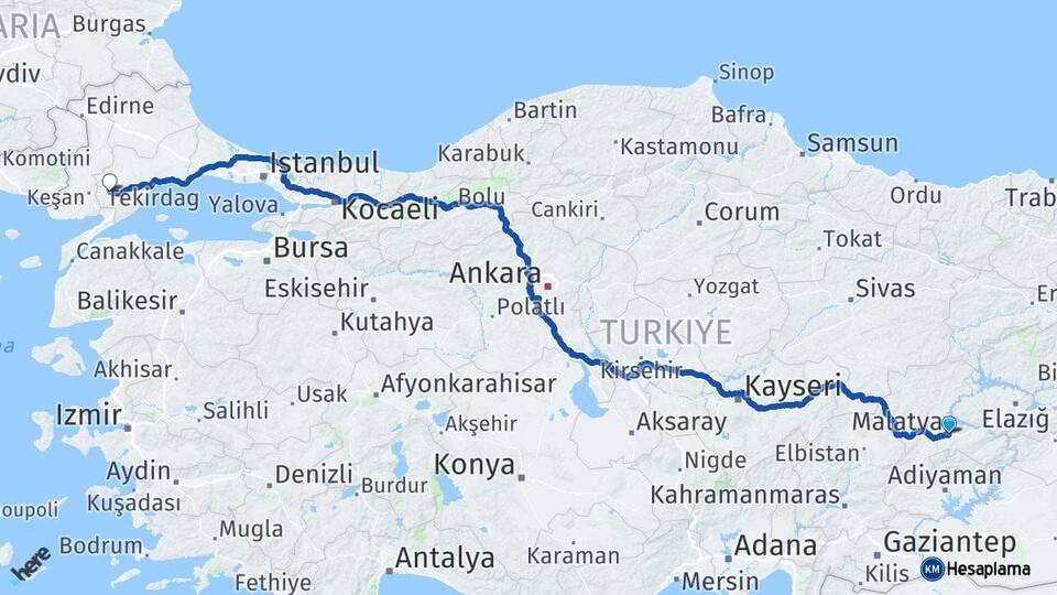 Malatya Malkara Tekirdağ Arası Kaç Km - Yol Haritası