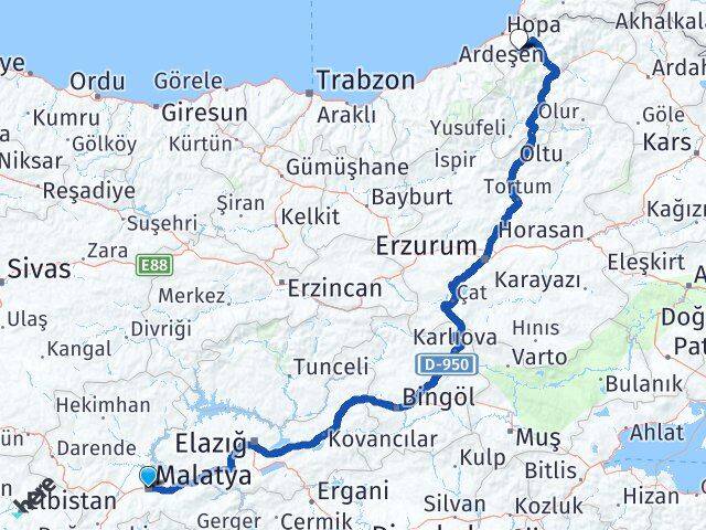 Malatya Murgul Artvin Arası Kaç Km - Yol Haritası