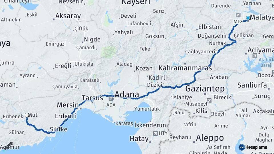 Malatya Mut Mersin Arası Kaç Km - Yol Haritası