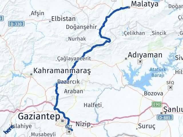 Malatya Oğuzeli Gaziantep Arası Kaç Km - Yol Haritası