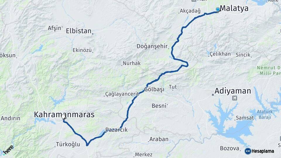 Malatya Onikişubat Kahramanmaraş Arası Kaç Km - Yol Haritası