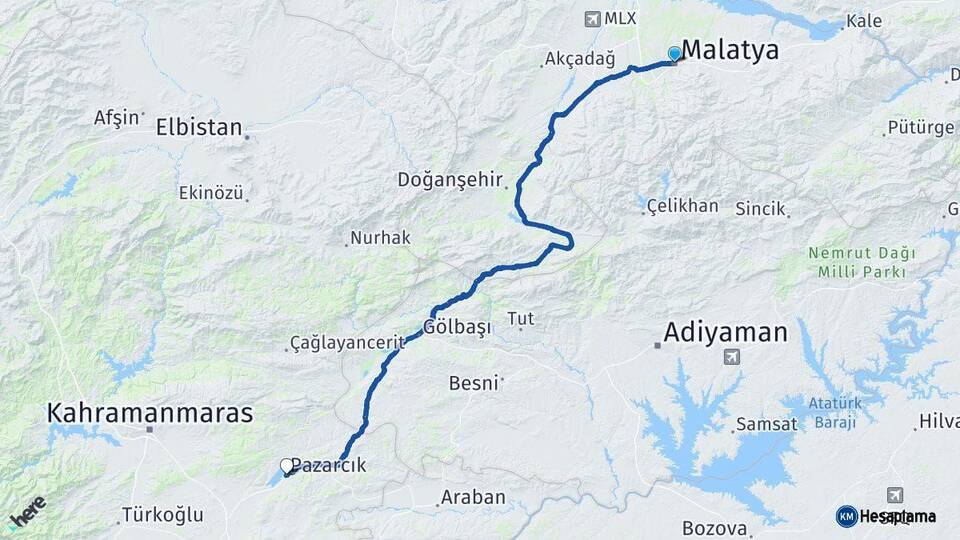 Malatya Pazarcık Kahramanmaraş Arası Kaç Km - Yol Haritası