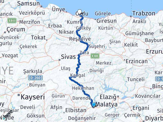 Malatya Perşembe Ordu Arası Kaç Km - Yol Haritası
