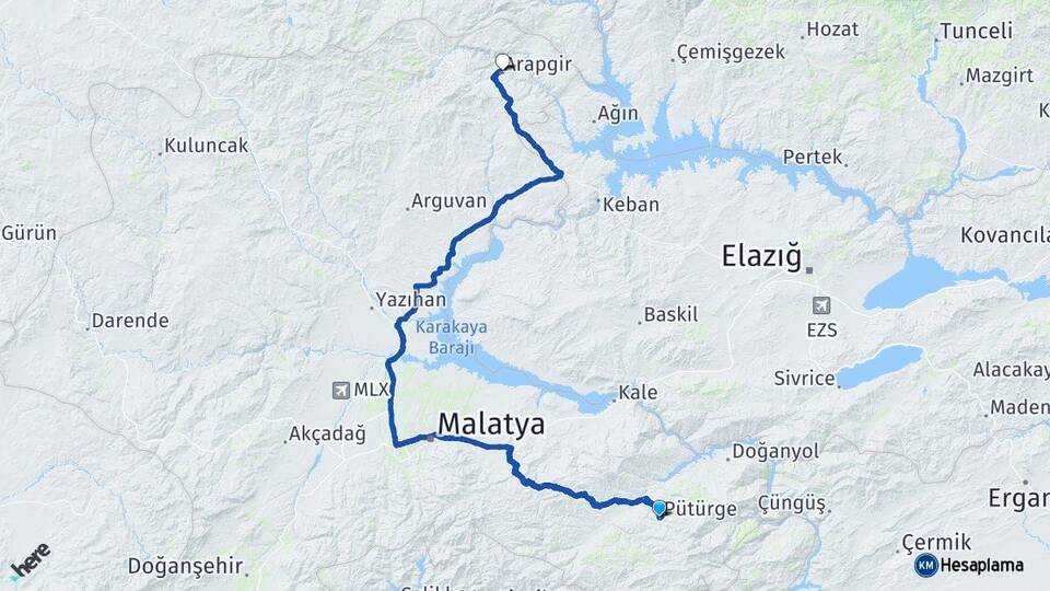 Malatya Pütürge Arapgir Arası Kaç Km - Yol Haritası