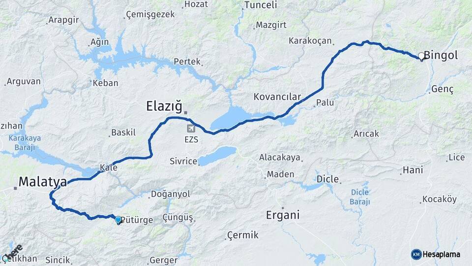Malatya Pütürge Bingöl Arası Kaç Km - Yol Haritası