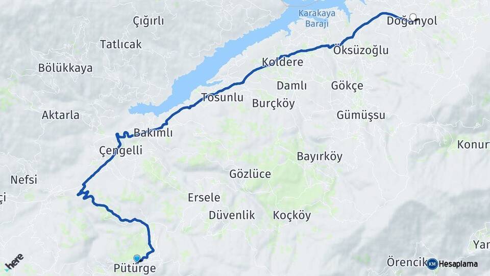 Malatya Pütürge Doğanyol Arası Kaç Km - Yol Haritası