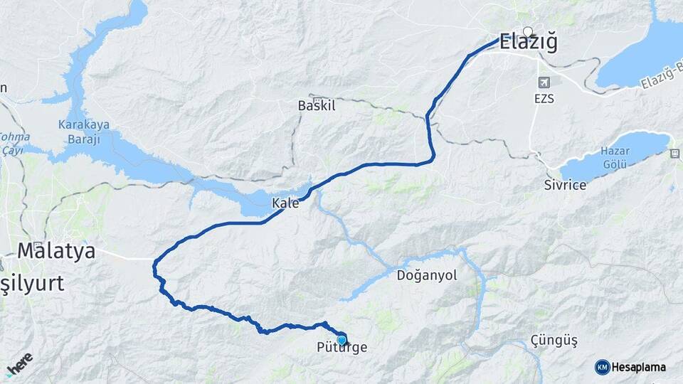 Malatya Pütürge Elazığ Arası Kaç Km - Yol Haritası