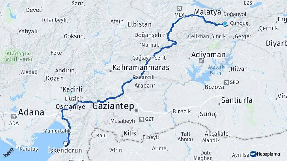 Malatya Pütürge İskenderun Hatay Arası Kaç Km - Yol Haritası