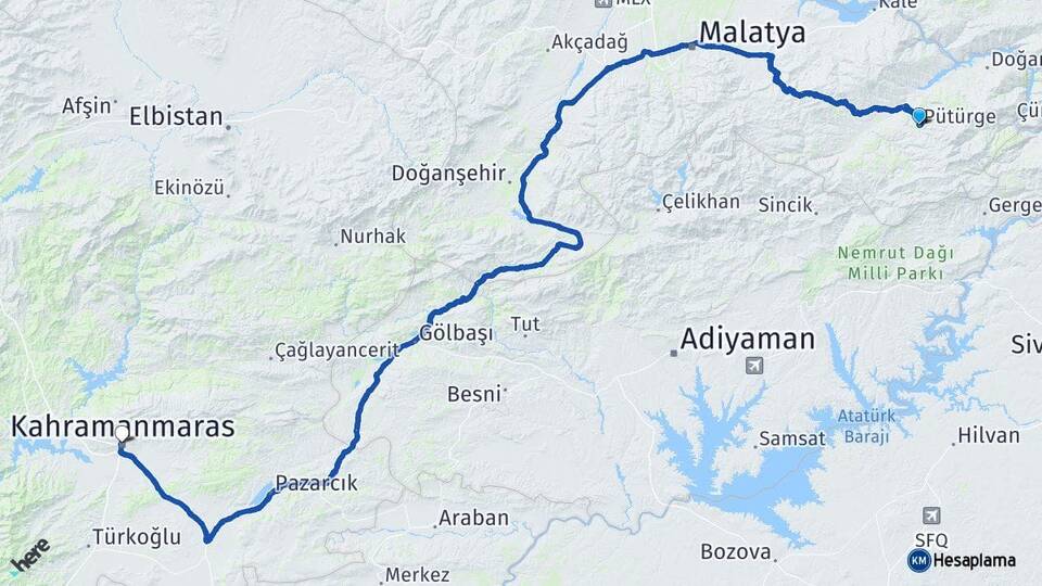 Malatya Pütürge Kahramanmaraş Arası Kaç Km - Yol Haritası