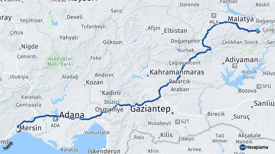 Malatya Pütürge Mersin Arası Kaç Km - Yol Haritası