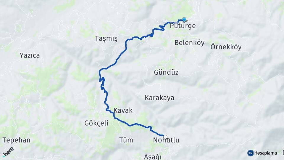 Malatya Pütürge Nohutlu Pütürge Arası Kaç Km - Yol Haritası
