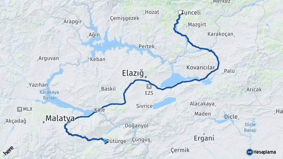 Malatya Pütürge Tunceli Arası Kaç Km - Yol Haritası